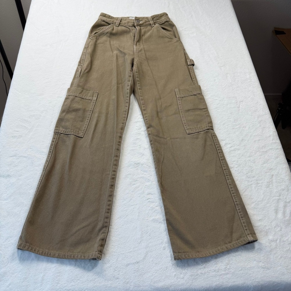 H&M Cargo Carpenter Pants Womens Size 0 Tan Good Wide Leg High Waisted Cotton
